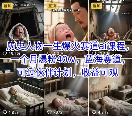 历史人物一生爆火赛道ai课程，一个月爆粉40w，蓝海赛道，可过伙伴计划，收益可观