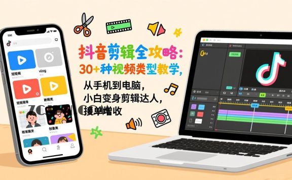 抖音剪辑全攻略:30+种视频类型教学,从手机到电脑,小白变身剪辑达人,接单增收